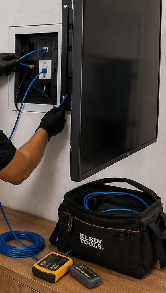 Sonos installation Long Island City, Queens: gloved hands connecting cables in a recessed wall box beside a wall-mounted screen, with a cable coil, tool bag and testers on the sideboard below