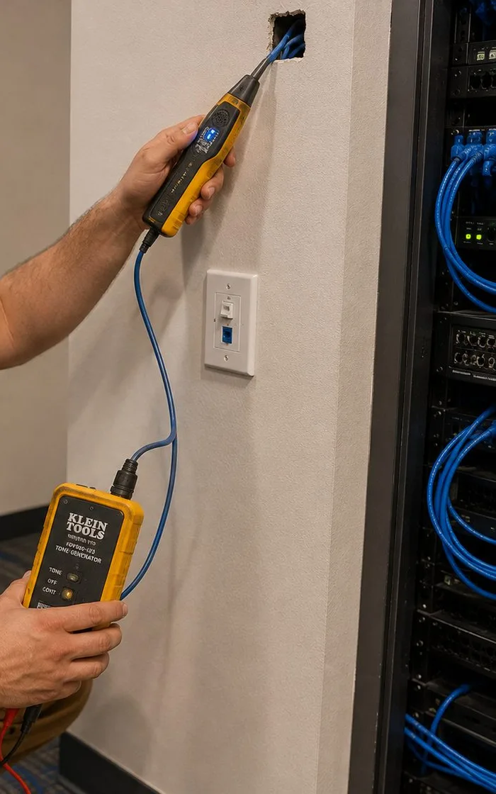 Sonos installation Long Island City, Queens: a hand holding a yellow tone tracer to cables at a small wall opening, its lead running down to a tone generator held lower