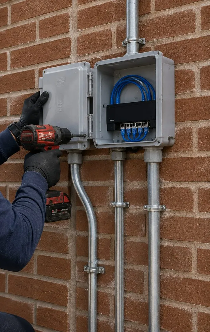 Weatherproof enclosure and conduit on brick — Orange County outdoor Sonos wiring Gloved hands driving a screw into a grey weatherproof enclosure on a brick wall, with metal conduit running down from it, outdoor wire entry like a Sonos patio zone in Orange County
