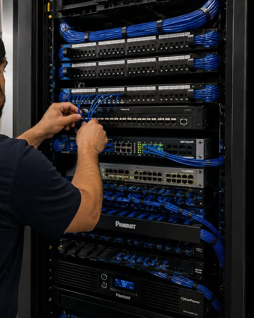 Patching a network rack — Orange County Sonos network core Hands threading blue patch cables between patch panels and network switches in a black equipment rack, network core for a Sonos system in Orange County