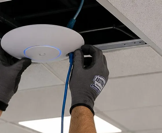 Wireless access point raised to an open ceiling tile — Park Slope, Brooklyn Sonos network Park Slope, Brooklyn Sonos network work: two gloved hands holding a round white wireless access point with a glowing blue ring up to an open ceiling tile, blue cable plugged into it