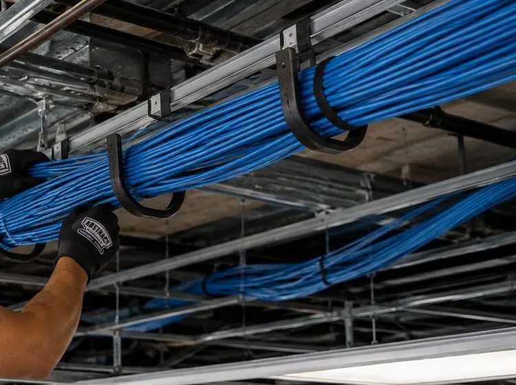 Blue cable bundles carried in J-hooks — Park Slope, Brooklyn Sonos cable route Sonos cable routing in Park Slope, Brooklyn: thick bundles of blue network cable hung in black J-hooks beneath an open ceiling, a gloved hand guiding one bundle