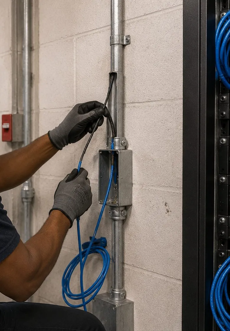 Blue cable fed into a conduit box on a block wall — Park Slope, Brooklyn Sonos wiring Sonos wiring in Park Slope, Brooklyn: two gloved hands feeding blue network cable into a metal box on a conduit run along a painted block wall, a rack edge at right
