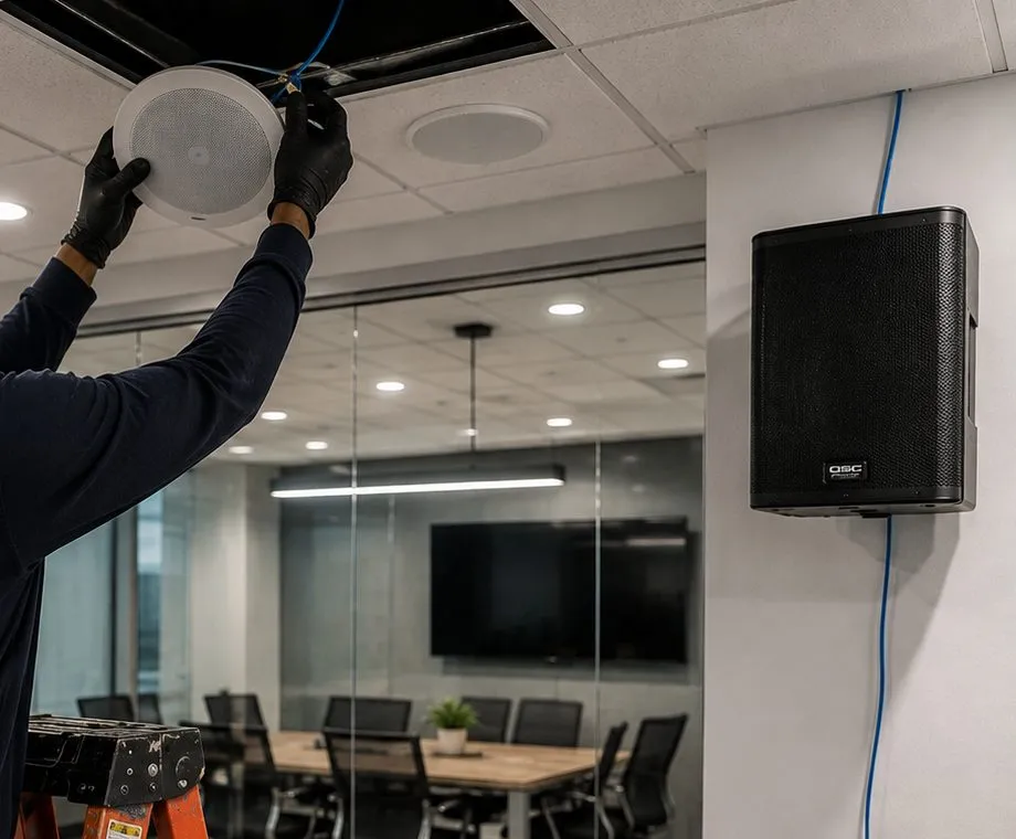 Ceiling speaker fitted beside a wall-hung speaker — Park Slope, Brooklyn Sonos installation Sonos installation Park Slope, Brooklyn: gloved hands fitting a round white ceiling speaker into a drop-ceiling opening, a black box speaker on the wall at right with blue cable running down