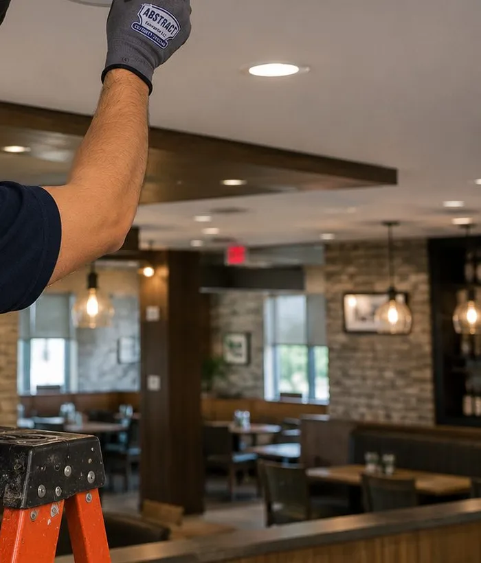 Dining room below ceiling speaker work — Park Slope, Brooklyn restaurant Sonos Restaurant Sonos installation, Park Slope, Brooklyn: a gloved arm reaching to the ceiling above a dining room with booths, a brick wall, pendant lights and the top of an orange ladder