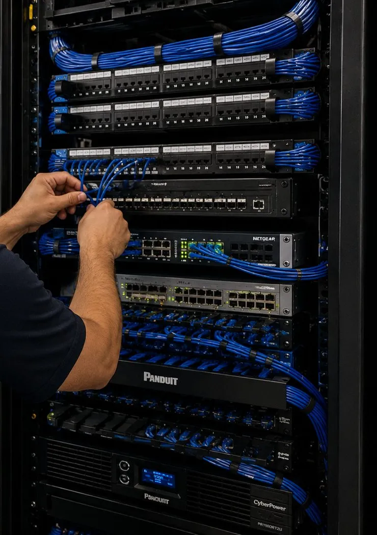 Patch panels and switches in a network rack — Park Slope, Brooklyn Sonos network base Network rack for a Sonos system in Park Slope, Brooklyn: patch panels and switches dressed with blue cables, two hands plugging in a patch lead