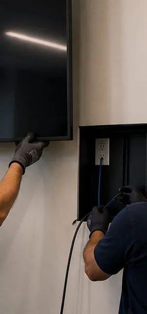 Recessed power box below a wall-mounted screen — Park Slope, Brooklyn Sonos soundbar wall Park Slope, Brooklyn soundbar wall prep: gloved hands at the corner of a wall-mounted screen above a recessed wall box with an outlet, a blue cable fed into the box