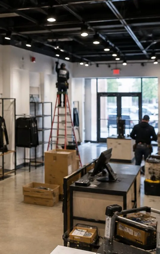 Shop floor with garment racks under an open ceiling — Park Slope, Brooklyn retail Sonos Shop Sonos installation, Park Slope, Brooklyn: a store floor with garment racks, boxes and a counter under a black open ceiling with track lights, a worker on a ladder at the back