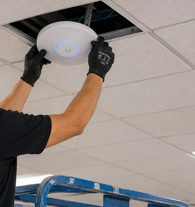 Wi-Fi access point fitted to an open ceiling tile — Putnam County Sonos network coverage Gloved hands pressing a white disc-shaped Wi-Fi access point with a blue ring light into an open ceiling tile, access point install supporting Sonos installation in Putnam County