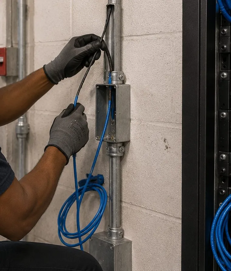 Pulling cable through a conduit junction box — Putnam County Sonos outbuilding link Gloved hands pulling a black cable and a blue network cable out of a metal conduit junction box on a block wall, conduit cable pull for Sonos outbuilding links in Putnam County