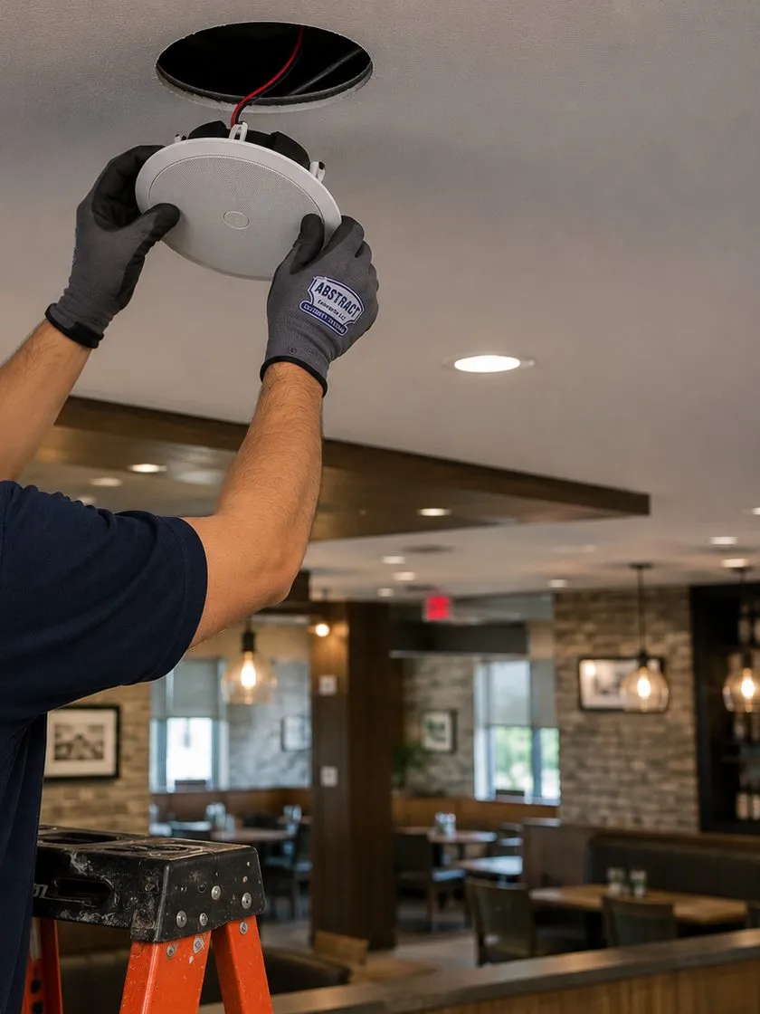 Ceiling speaker going into a dining-room cut-out — Putnam County business Sonos Gloved hands pressing a round white ceiling speaker into a fresh circular cut-out above a restaurant dining room with pendant lights, commercial Sonos installation in Putnam County