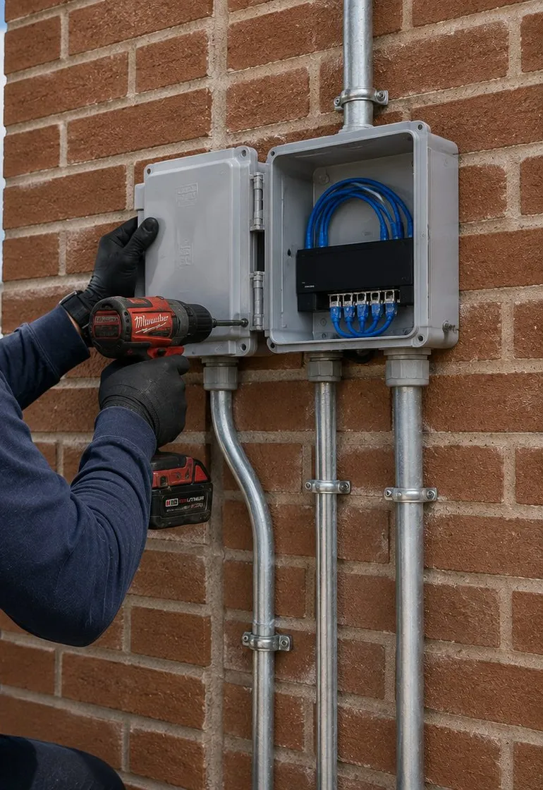 Weatherproof enclosure and conduit on an outside wall — Putnam County Sonos outdoor cabling Technician drilling beside an open grey weatherproof enclosure holding a small network switch, with metal conduit running down a brick wall, outdoor cabling for Sonos installation in Putnam County
