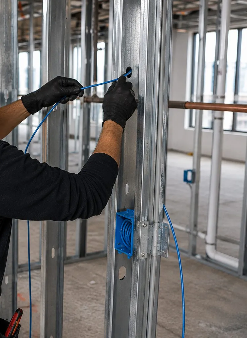 Cable fed through open studs above an in-wall box — Putnam County Sonos prewire Gloved hands feeding a thin blue cable through a hole in a steel stud above a blue electrical box, open-wall cable rough-in for Sonos installation in Putnam County