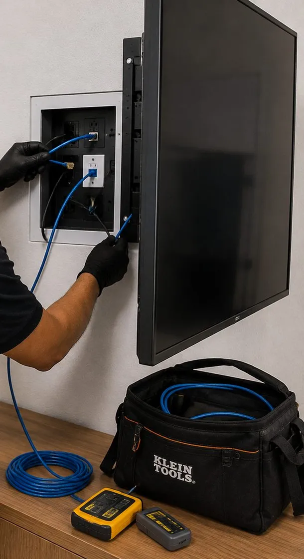 Recessed media box behind a wall-mounted TV — Putnam County Sonos soundbar wiring Gloved hands connecting a blue network cable to a recessed in-wall media box beside a wall-mounted flat-screen TV, soundbar wiring for Sonos installation in Putnam County