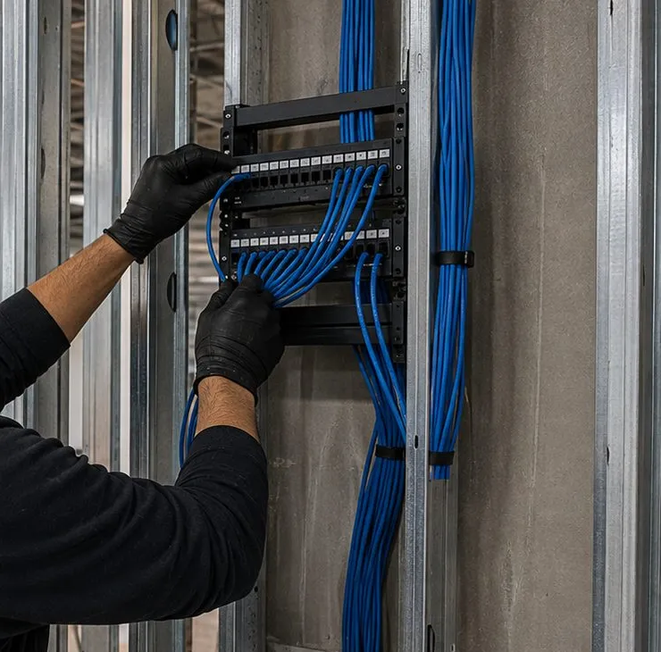Wall-mounted patch panel being terminated between studs — Putnam County Sonos backbone Gloved hands seating blue network cables into a small wall-mounted patch panel between open steel studs, network backbone for a whole-property Sonos installation in Putnam County