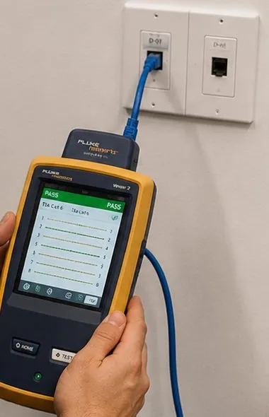 Cable tester showing a pass screen at a wall jack — Riverdale, Bronx Sonos installation Sonos installation Riverdale, Bronx: yellow cable tester showing PASS, its lead plugged into a white wall plate