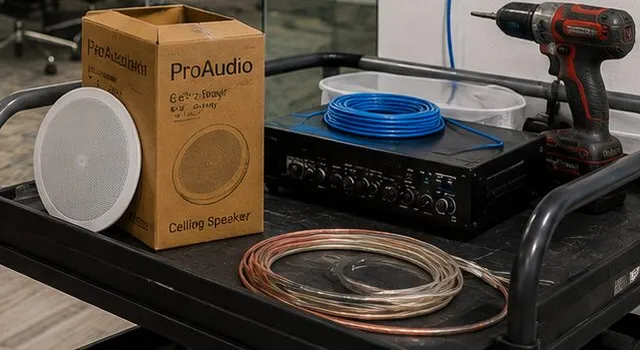 Ceiling speaker, boxed speaker and amplifier on a cart — Riverdale, Bronx Sonos installation Sonos installation Riverdale, Bronx: ceiling speaker, its carton, an amplifier, blue cable and copper wire on a cart