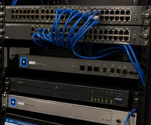 Network switches with blue patch cords in a rack — Riverdale, Bronx Sonos installation Sonos installation Riverdale, Bronx: two network switches in a black rack dressed with blue patch cords