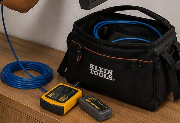 Tool bag, cable coil and testers on a wooden credenza — Riverdale, Bronx Sonos installation Sonos installation Riverdale, Bronx: tool bag, a coil of blue cable and two yellow testers on a wooden credenza
