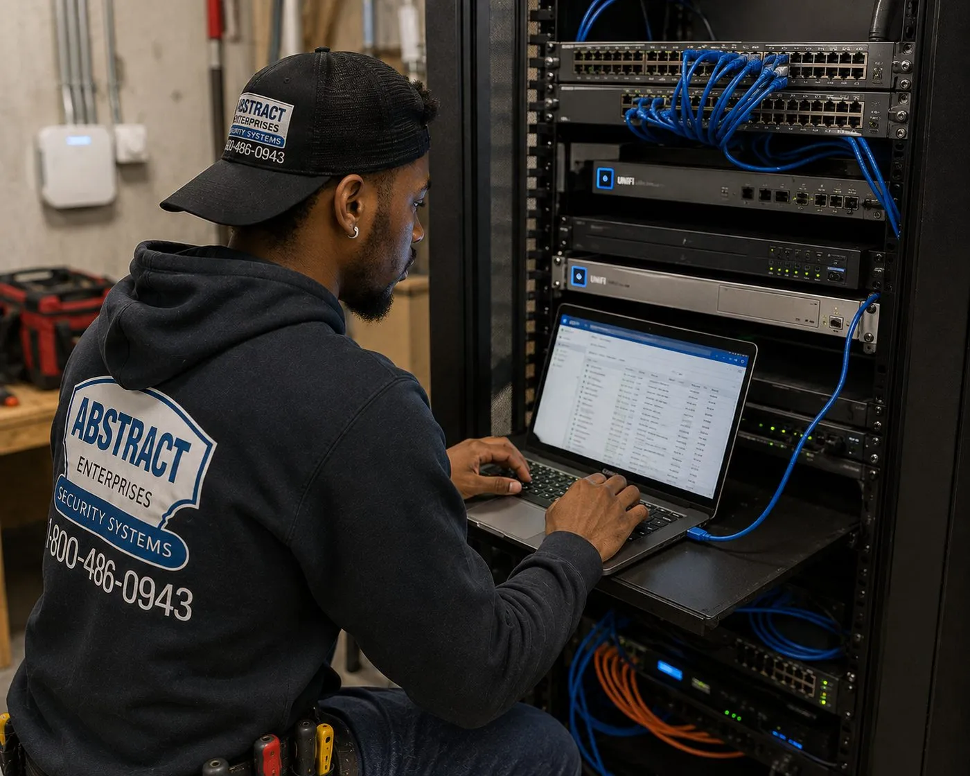 Configuring a network switch from a laptop — Rockland County Sonos network Technician in a hoodie typing on a laptop on a pull-out rack shelf below network switches with blue patch cables — Rockland County Sonos network setup