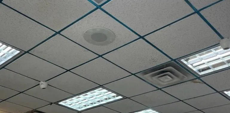 Throgs Neck, Bronx Sonos installation reference photo: round perforated grille set into a drop-ceiling tile between square light panels and an air diffuser