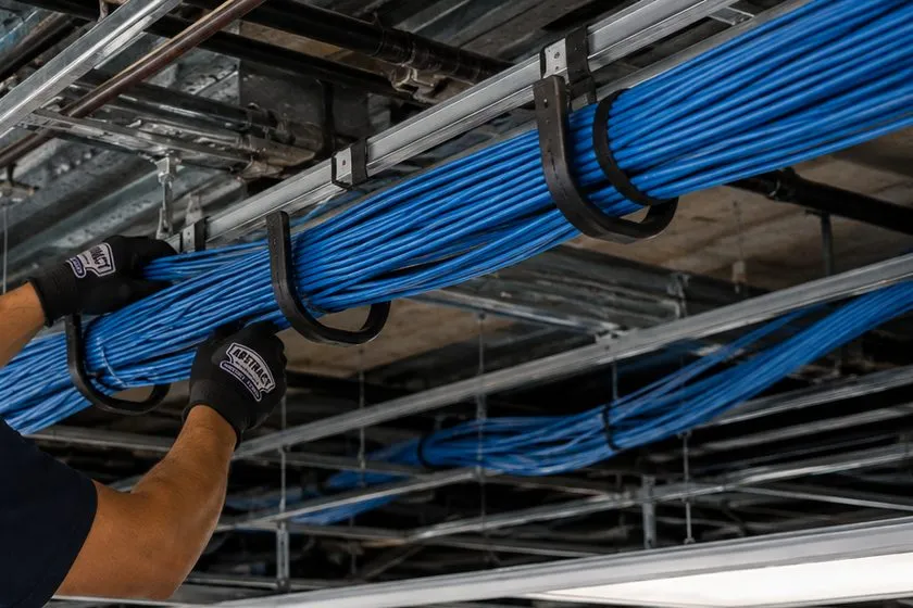 Sonos installation Todt Hill, Staten Island: gloved hands settling a thick bundle of blue network cable into black J-hooks under an open ceiling deck