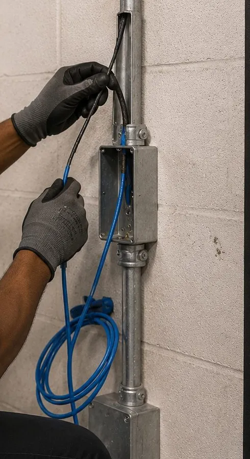 Sonos installation Todt Hill, Staten Island: grey-gloved hands feeding blue and black cable into a metal conduit box on a painted block wall