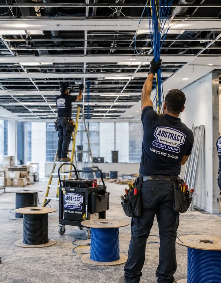 Sonos installation Todt Hill, Staten Island: installer seen from behind pulling a bundle of cable down from an open ceiling grid, spools of blue and black cable and a tool cart on the floor