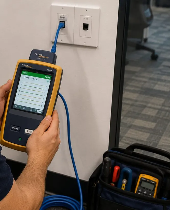 Sonos installation Todt Hill, Staten Island: hands holding a yellow cable certifier showing a PASS screen, its lead plugged into a white wall jack, tool bag on the floor