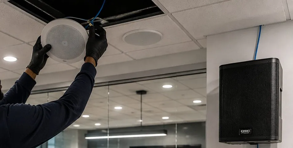 Sonos installation Todt Hill, Staten Island: two gloved hands raising a round white ceiling speaker into an open ceiling tile, blue cable above, a second flush speaker and a black wall speaker beside a glass-walled room