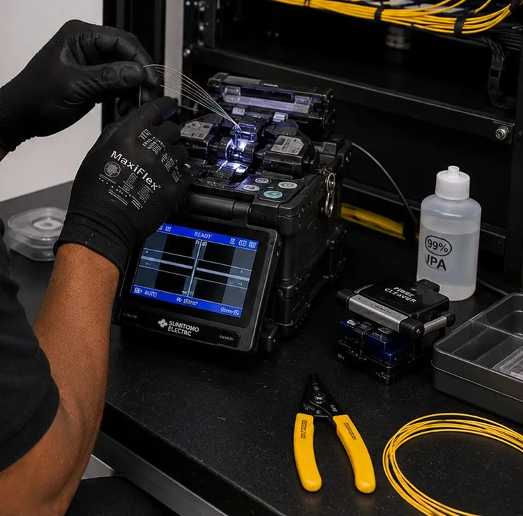 Sonos installation Todt Hill, Staten Island: gloved hands loading glass fiber into a fusion splicer on a bench beside a fiber cleaver, alcohol bottle, strippers and a coil of yellow fiber