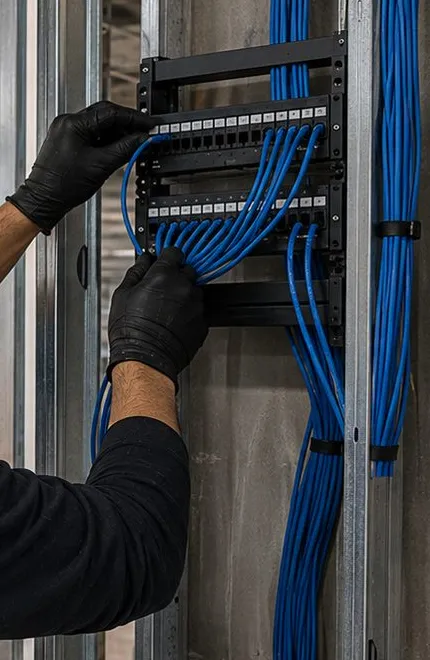 Sonos installation Todt Hill, Staten Island: black-gloved hands dressing blue cables into a wall-mounted patch panel on a steel stud wall