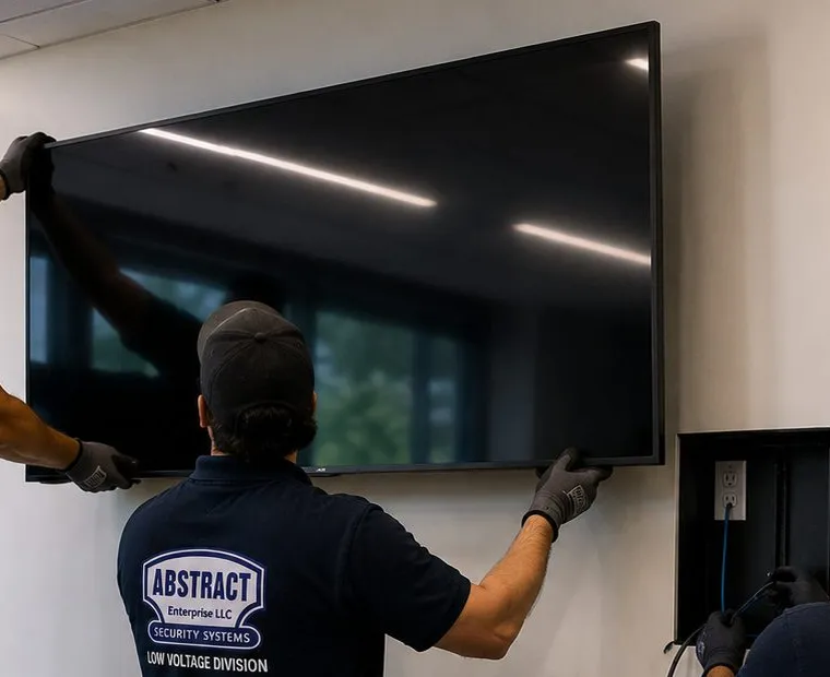 Sonos installation Todt Hill, Staten Island: installers lifting a large flat screen onto a wall beside a recessed box holding an outlet and a blue cable