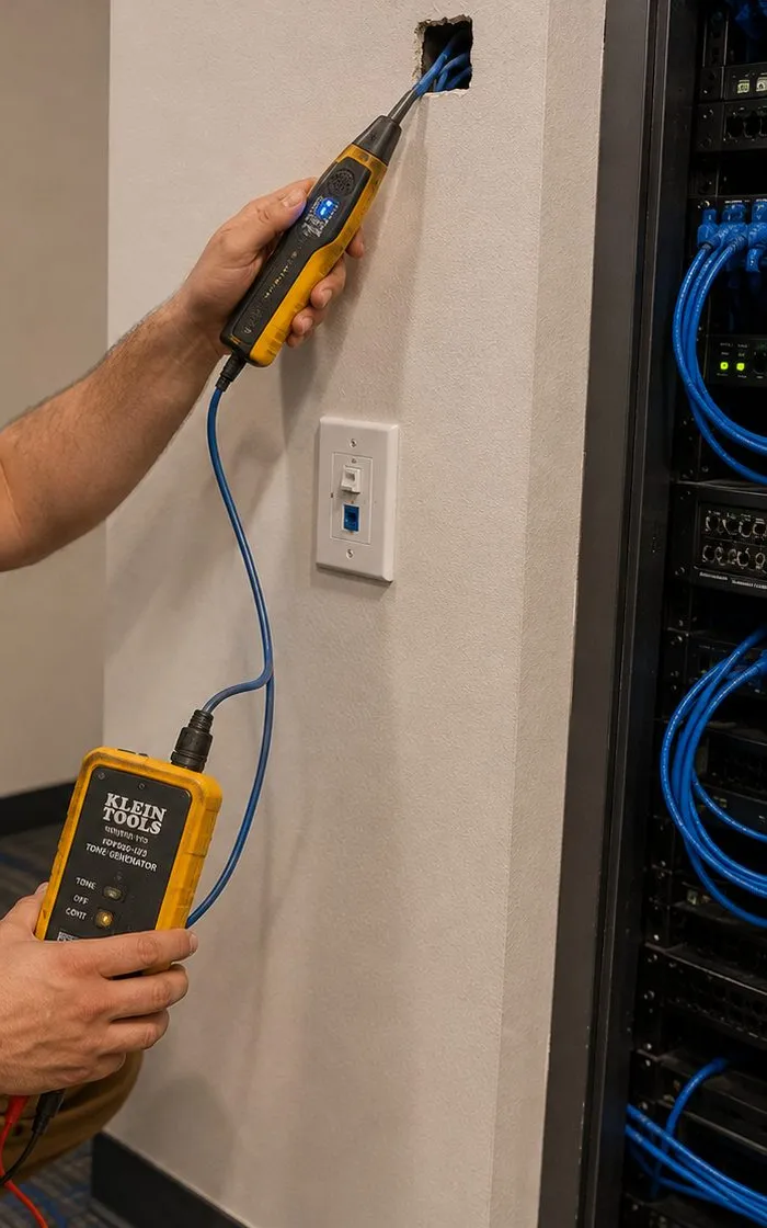 Sonos installation Todt Hill, Staten Island: hand holding a yellow tone probe at a small wall opening with blue cable, a tone generator in the other hand, rack of patched equipment to the right