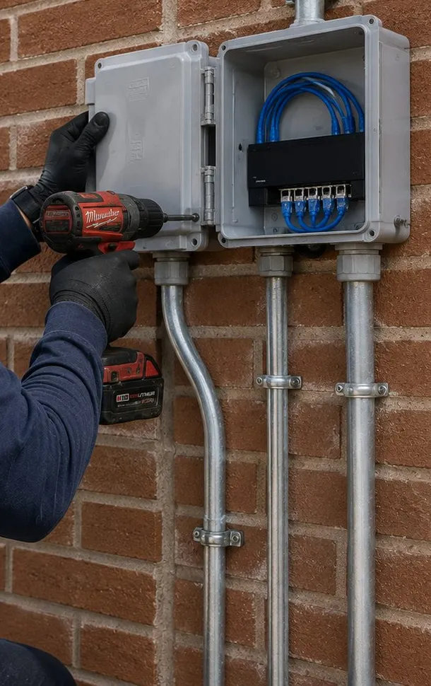 Sonos installation Todt Hill, Staten Island: gloved hand holding a drill beside two grey weatherproof boxes on a brick wall, one open showing blue patch cables, conduit running down