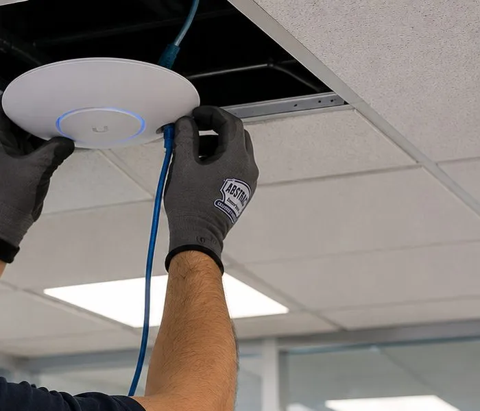 Access point pressed into a ceiling tile — Tribeca, Manhattan Sonos installation Sonos installation Tribeca, Manhattan: gloved hands pressing a round white wireless access point with a blue indicator ring against an open tile ceiling, blue cable trailing down
