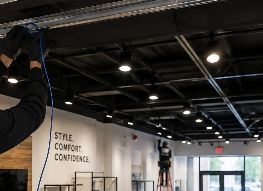 Blue cable dropped from a black-painted ceiling — Tribeca, Manhattan Sonos installation Sonos installation Tribeca, Manhattan: a gloved hand feeding blue cable down from an open black-painted ceiling with rows of round downlights over a shop floor with clothing racks
