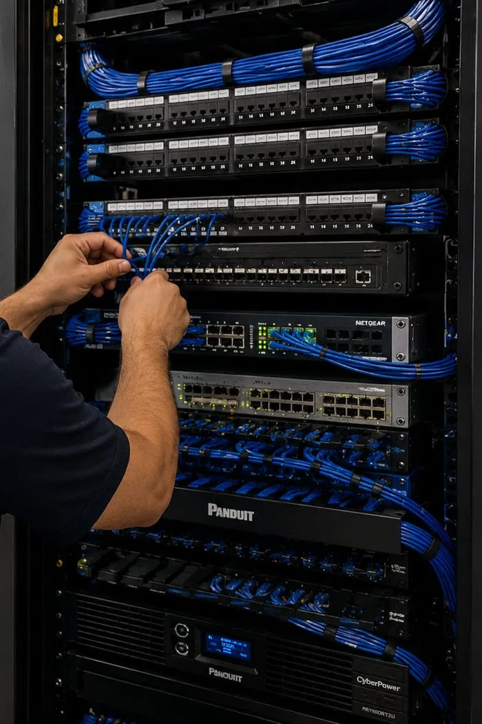 Blue patch cords seated in rack switches — Tribeca, Manhattan Sonos installation Sonos installation Tribeca, Manhattan: a hand seating blue patch cords into a network switch in a black equipment rack full of patch panels and neatly bundled blue cable