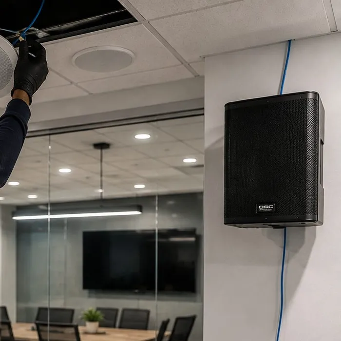 Ceiling speaker lifted beside a glass-partitioned room — Tribeca, Manhattan Sonos installation Sonos installation Tribeca, Manhattan: a gloved hand lifting a round white speaker into a ceiling opening beside a glass-walled meeting room, with a black wall speaker and a blue cable running down the white wall