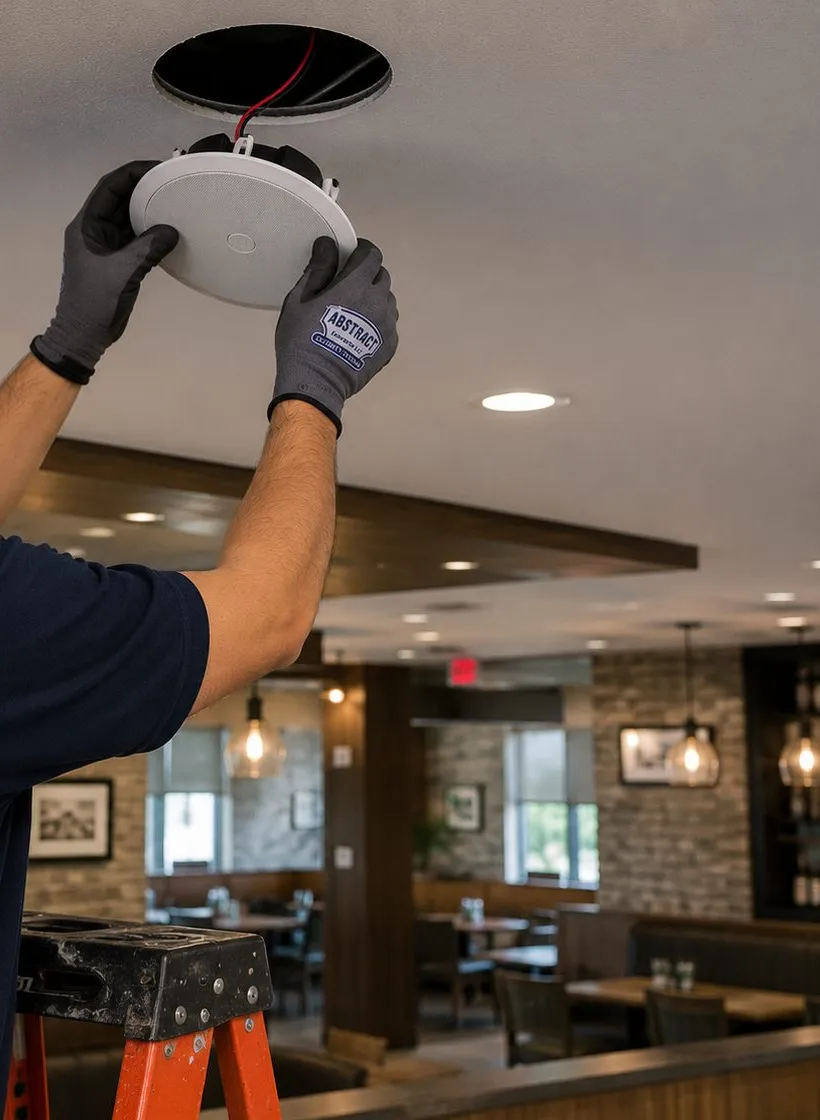 Ceiling speaker raised over a brick-walled dining room — Tribeca, Manhattan Sonos installation Sonos installation Tribeca, Manhattan: two gloved hands holding a round white ceiling speaker up to a circular opening, above a dining room with exposed brick walls and hanging pendant lamps