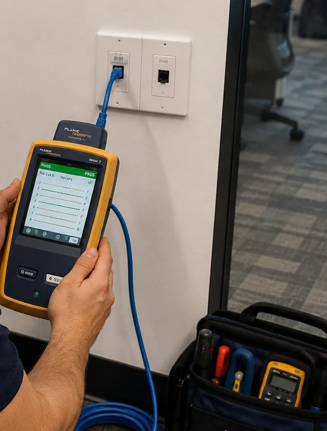 Handheld tester on a wall-jack lead — Tribeca, Manhattan Sonos installation Sonos installation Tribeca, Manhattan: hands holding a yellow handheld cable tester with a green result screen, its blue lead plugged into a white wall plate, a tool bag on the floor