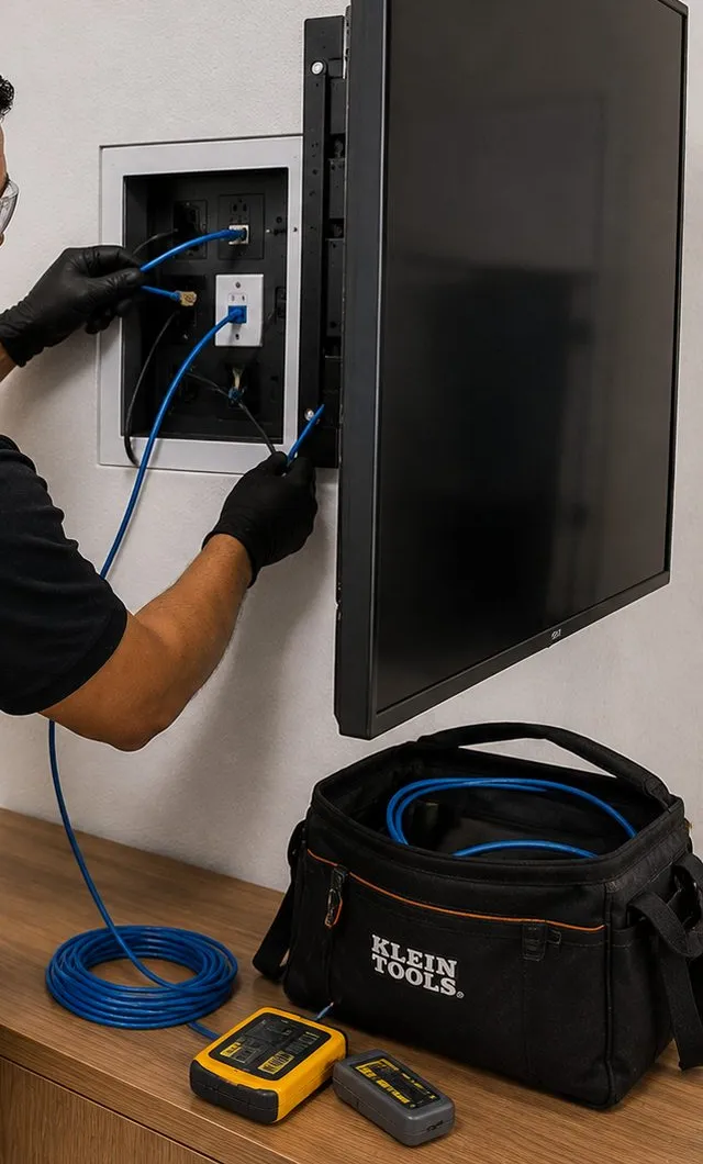 Recessed wall box behind a mounted TV — Tribeca, Manhattan Sonos installation Sonos installation Tribeca, Manhattan: gloved hands connecting a blue cable inside a recessed wall box beside a wall-mounted TV, with a tool bag, tester and coiled cable on a wooden sideboard below