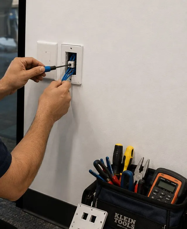 Screwdriver at a wall-plate network jack — Tribeca, Manhattan Sonos installation Sonos installation Tribeca, Manhattan: hands using a small screwdriver at a white wall plate with a blue network jack, an open tool bag with pliers and a meter at the foot of the wall