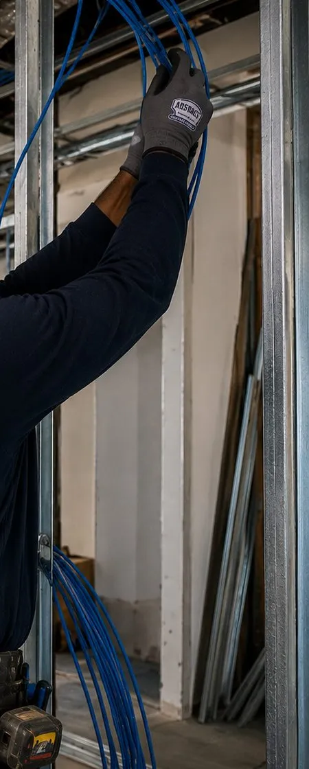 Steel-stud framing with a blue cable run — Tribeca, Manhattan Sonos installation Sonos installation Tribeca, Manhattan: a gloved hand pulling a bundle of blue cable down between galvanised steel studs of a new partition under an open ceiling