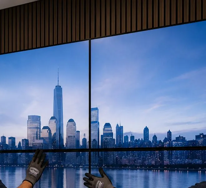 Twin screens on a dark wood-slat wall — Tribeca, Manhattan Sonos installation Sonos installation Tribeca, Manhattan: two gloved hands steadying two large wall screens showing a city skyline over water, mounted on a dark vertical wood-slat wall