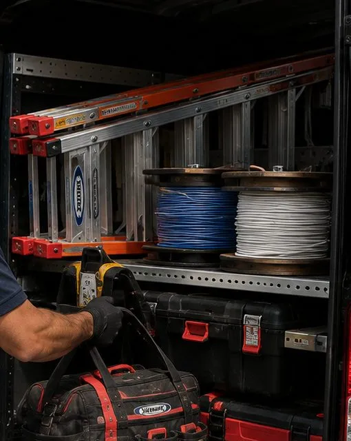Work van shelves with ladders and cable reels — Tribeca, Manhattan Sonos installation Sonos installation Tribeca, Manhattan: the open back of a black work van fitted with steel shelving holding aluminium ladders, blue and white cable reels, tool boxes and a red tool bag