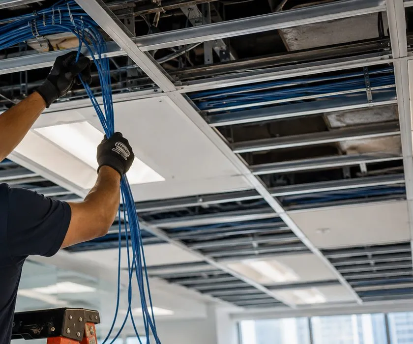 Sonos installation Upper East Side, Manhattan: gloved hands gathering a bundle of blue cables through an open suspended-ceiling grid, the top of an orange ladder below
