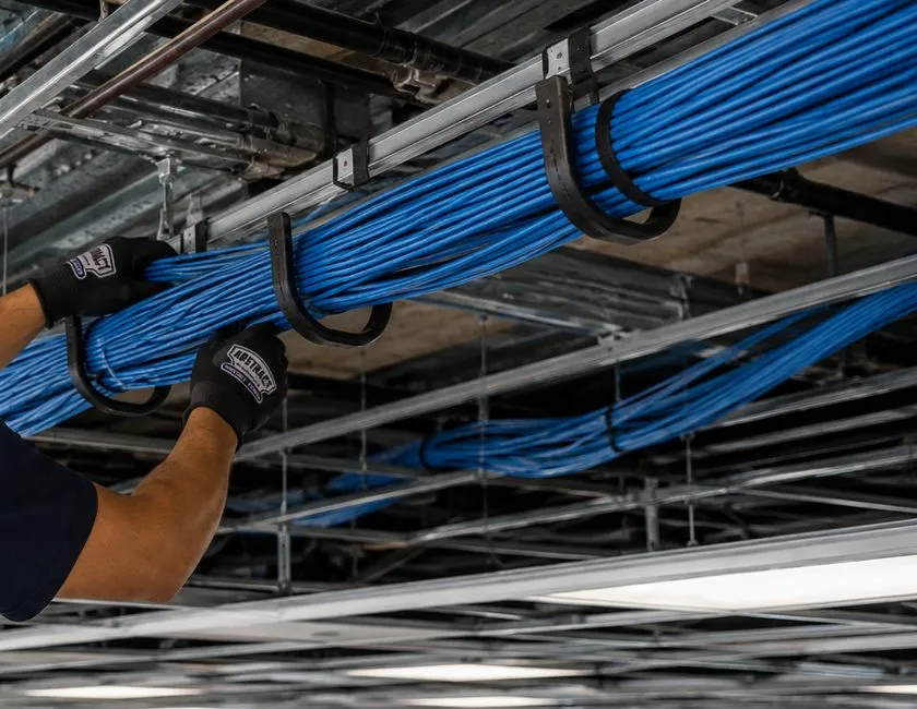 Sonos installation Upper East Side, Manhattan: gloved hands laying a thick bundle of blue cable into black J-hooks hung from steel ceiling framing above an open-plan office