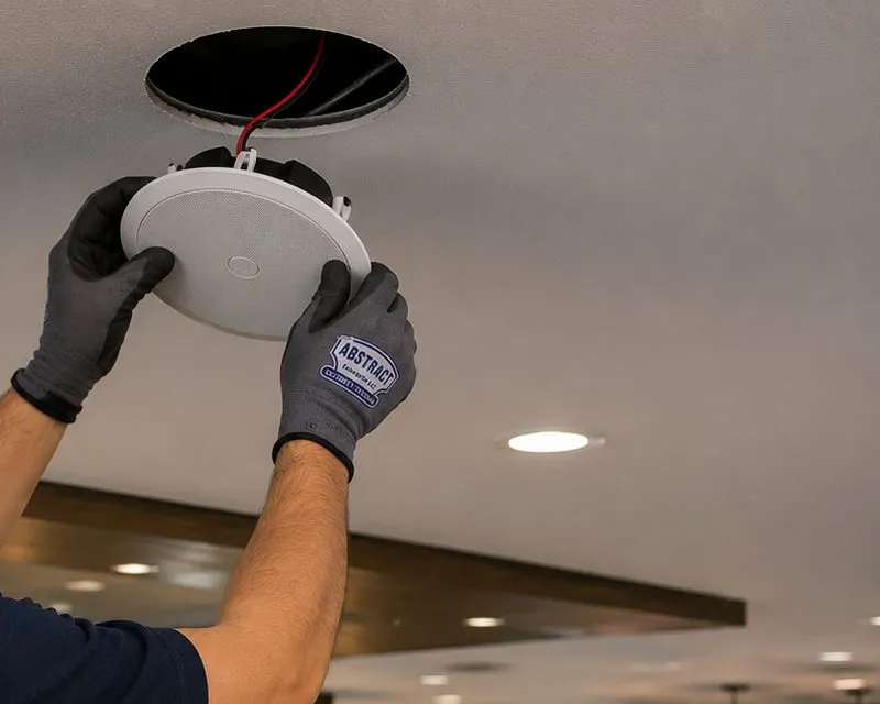 Sonos installation Upper East Side, Manhattan: gloved hands holding a round white ceiling speaker just below a circular opening with a red wire, a recessed light and a dark ceiling beam beyond