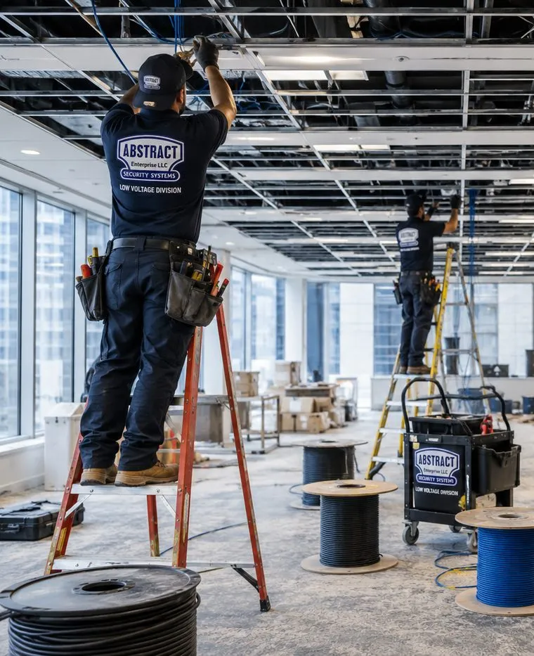 Sonos installation Upper East Side, Manhattan: technician on an orange ladder reaching into an open ceiling grid while a second works on a ladder further back, cable spools and a tool cart on the floor